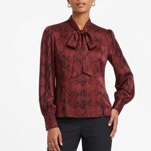 JASON WU 100% Silk Red Snakeskin Print Blouse| Red Tie-Neck Long Sleeve
